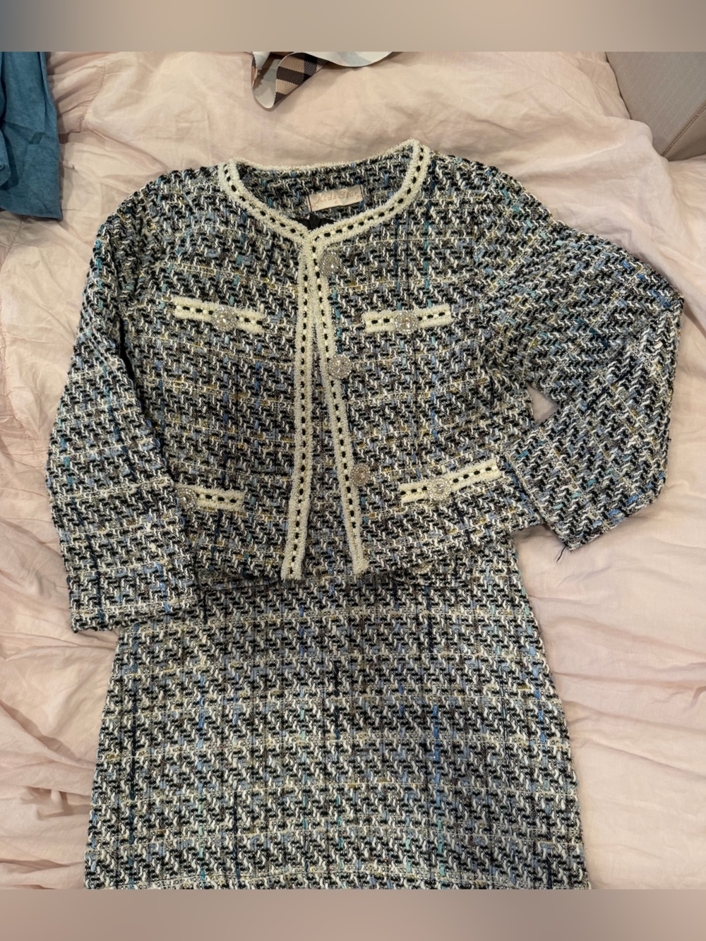 Girls' Tweed Matching Blazer and Skirt Set - Blue/Cream